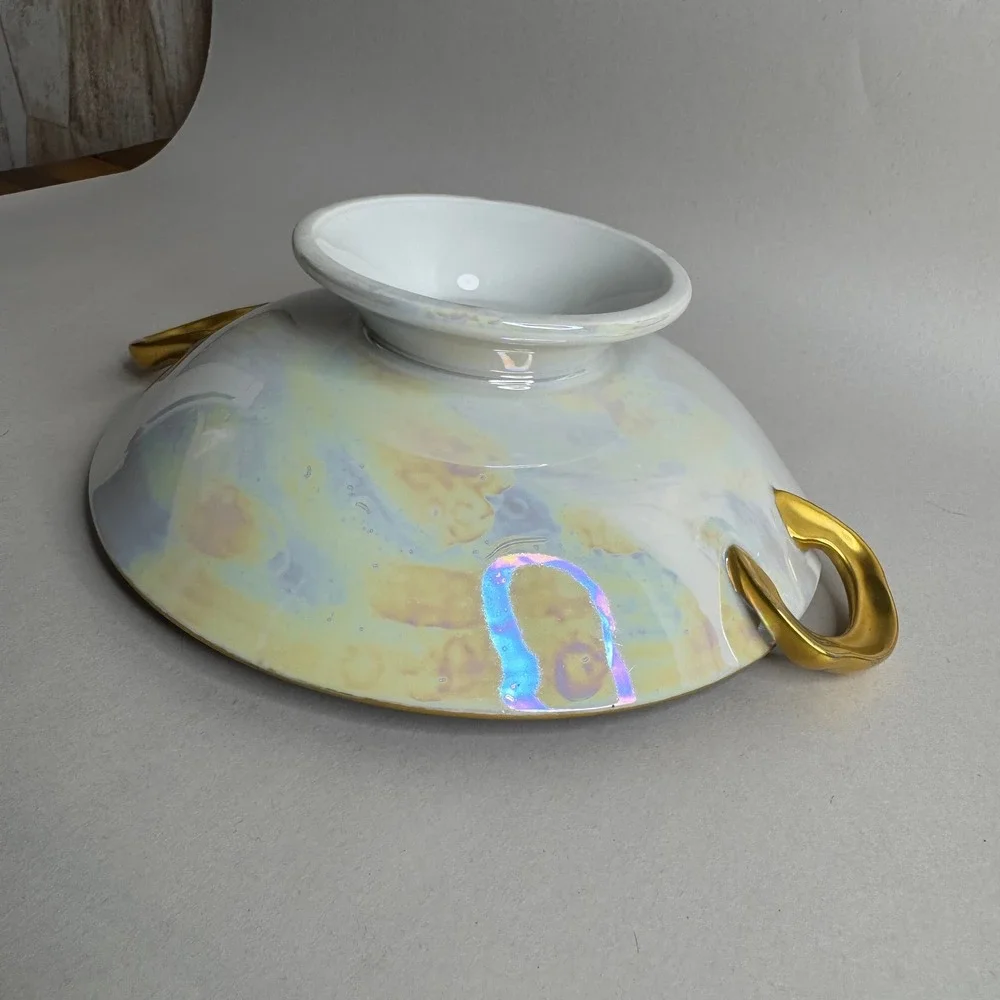 Vintage Japan Hand Painted Porcelain Footed Bowl Floral‎ Gold Trim Lusterware